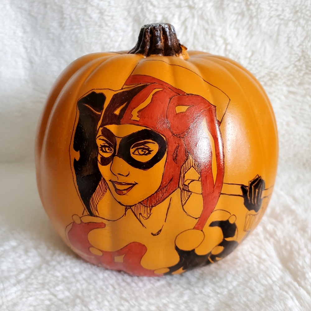Hand-Drawn Harley Quinn Pumpkin Decoration